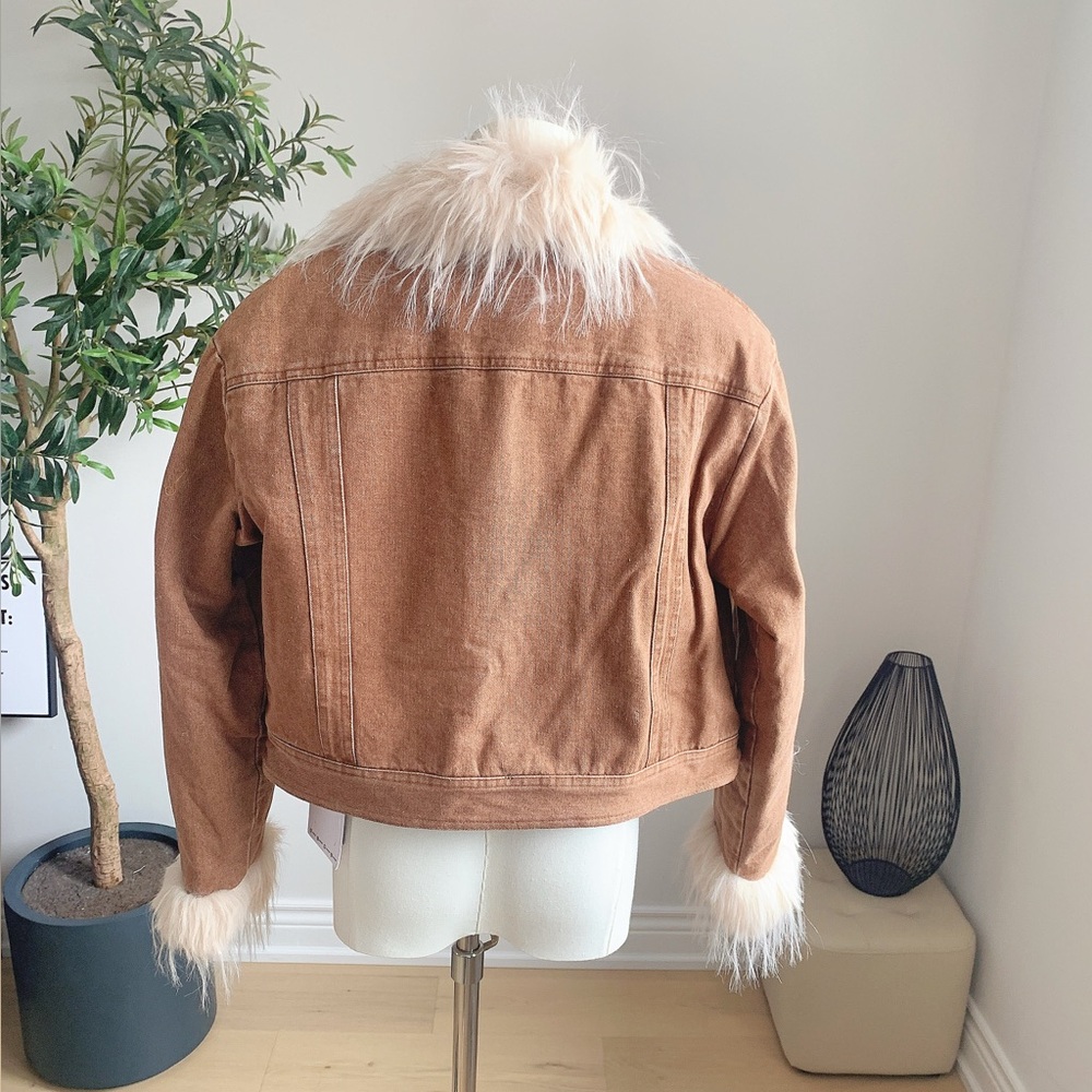Brown Denim Faux Shearling Fur Trim Jacket Coat M NWT - Picture 3 of 6